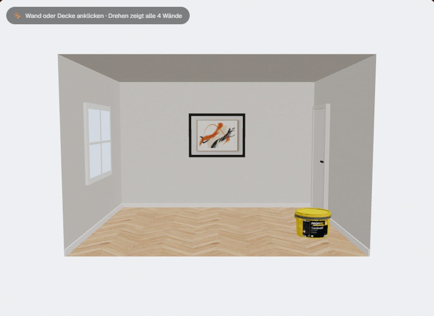 Vorschau des 3D-Rechners: Raum mit Parkett, Fenster und ProfiTec-Eimer
