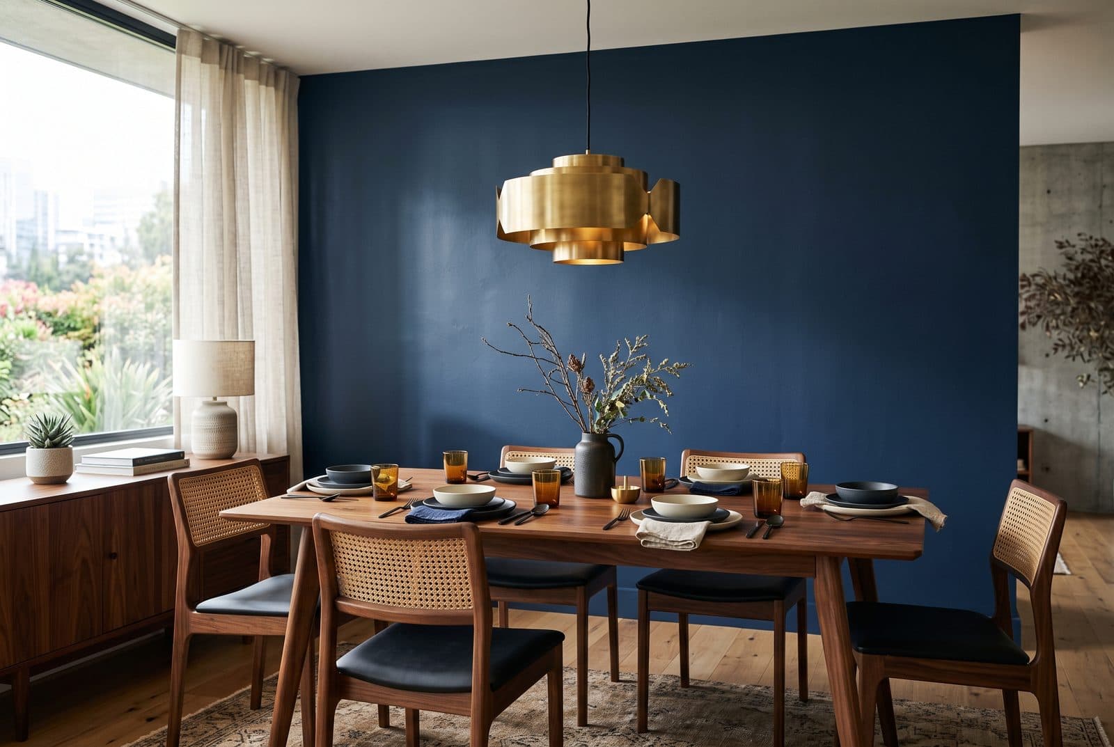 Esszimmer mit blauer Akzentwand